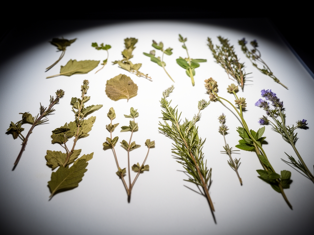 Makroznímek sušených bylinných listů různých druhů uspořádaných na bílém vědeckém podkladu jako herbářová sbírka, dramatické horní osvětlení