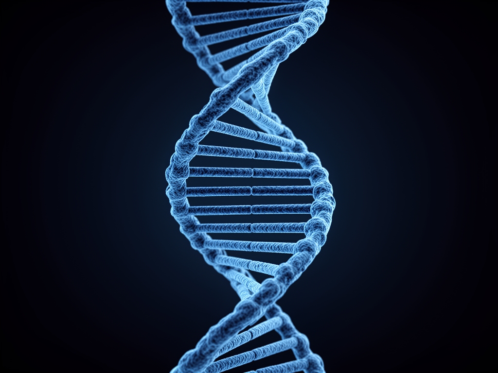 Abstraktní vědecká vizualizace DNA šroubovice v modrých tónech, digitální renderování na tmavém pozadí, akademická estetika