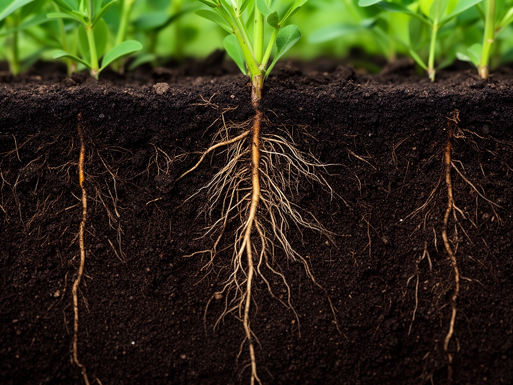 Detailní záběr tmavé úrodné půdy s kořeny rostlin viditelně pronikajícími vrstvami, symbolizující biologické procesy a čerpání minerálů z přírodního prostředí