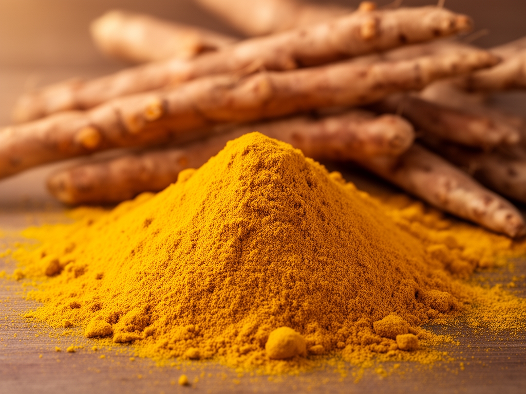 Makroznímek zlatožluté kurkumy v prášku s celými kořeny v pozadí, přirozené teplé světlo zdůrazňující texturu a syté zbarvení koření