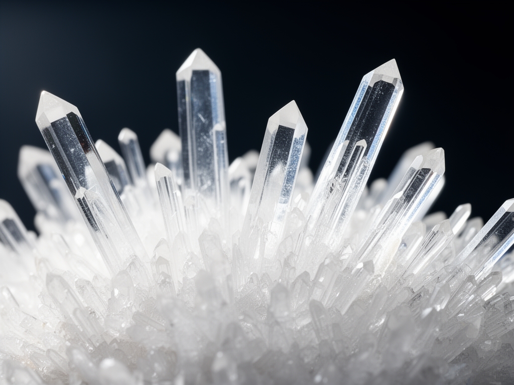Abstraktní pohled na krystalické struktury vitamínu C v podobě průhledných hranolů a jehlic pod bílým přirozeným světlem na tmavém pozadí