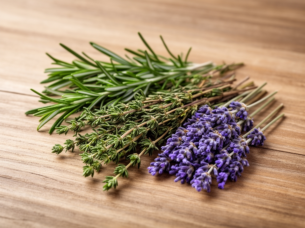 Přírodní dřevěný povrch se sušenými bylinkami — rozmarýn, tymián a levandule — jemně rozmístěnými v neutrální akademické kompozici