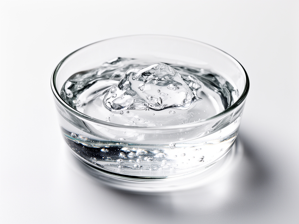 Čirá průhledná gel-like textura hyaluronové kyseliny ve skleněné misce, přirozené studené světlo, vysoký kontrast na bílém laboratorním podkladu