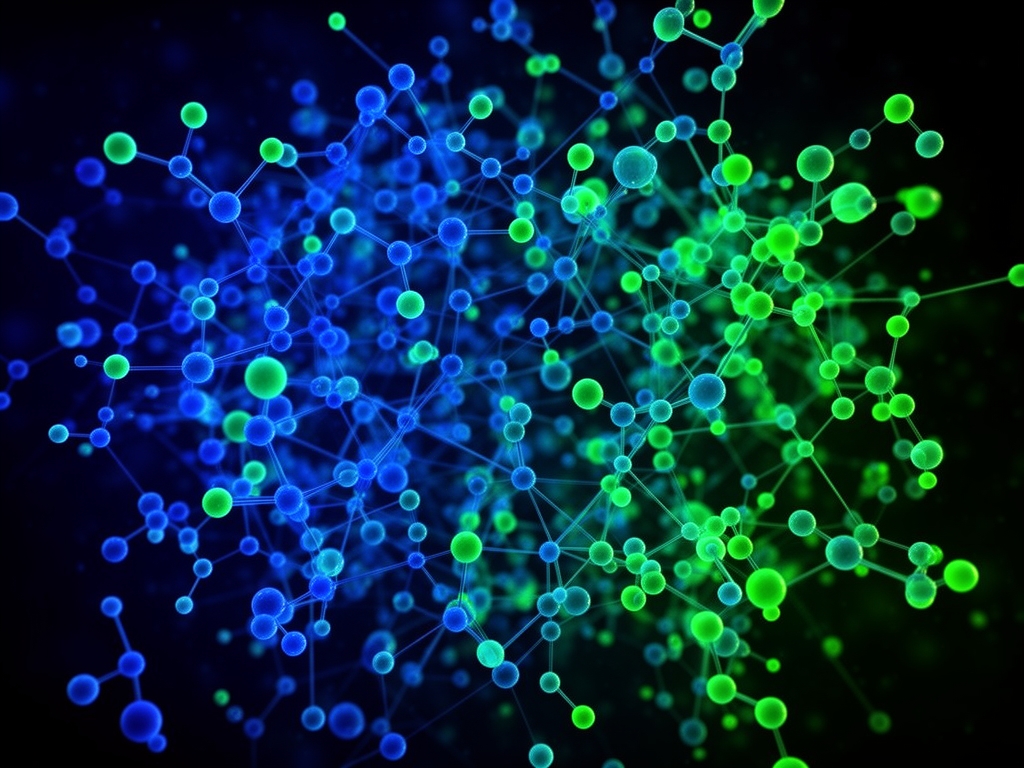 Abstraktní vědecká vizualizace buněčných struktur a molekulárních vazeb ve stylu elektronové mikroskopie – komplexní síť modrých a zelených uzlů na tmavém pozadí